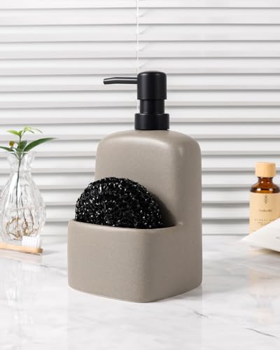 BosilunLife Dish Soap Dispenser - Matte Silver Grey Ceramic Kitchen Soap Dispenser with Sponge Holder Matte Ceramic Soap Daddy Dispenser 20oz for Kitchen Soap Pump and Sponges Caddy - color: Matte Silver Grey