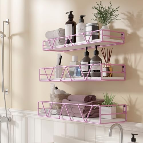 Floating Shelves Set of 3, Wood Wall Shelf, Farmhouse Shelf for Bedroom | Wall Mounted Floating Shelf for Living Room, Bedroom, Bathroom, Kitchen, Office - color: Pink
