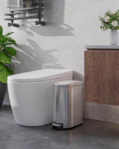 Garvee 2.6 gal / 10 L Stainless Steel Bathroom Trash Can with Lid, Slim Waterproof Garbage Can for Bedroom, Small Step-on Metal Trash Bin with Inner Bucket, Rear Handle, Soft Close Lid, Silver - color: Silver, size: 2.6 Gallons