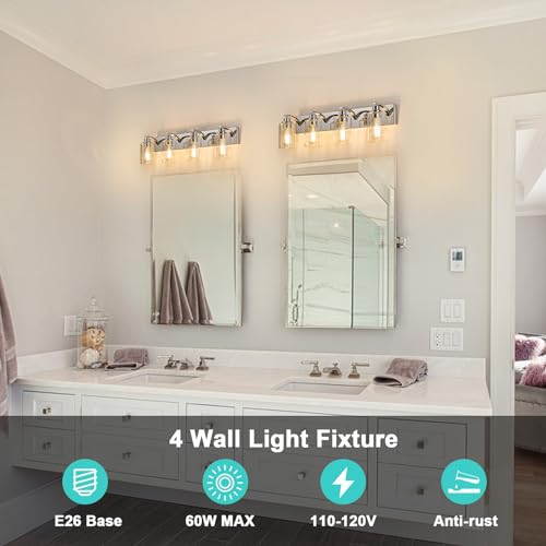 4-Light Bathroom Light Fixtures Modern Chrome Vanity Lights | Easy to Install Clear Glass Shades, Wall Mount Up or Down, E26 Socket, Hardwired, 127V - color: Chrome, size: 4 Lights