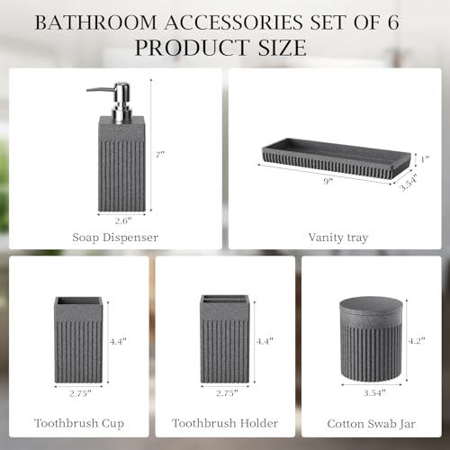 6-Piece Bathroom Set Grey - Stone Textured Resin Bathroom Organizer with Soap Dispenser, Toothbrush Holder, Vanity Tray, Tumbler & Cotton Swab Jars for Small Spaces - color: Grey