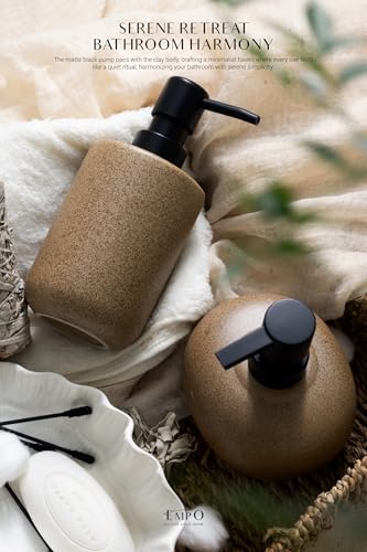 EMPO Ceramic Hand Soap Dispenser with Matte Black Pump, Stone-Textured Wabi-Sabi Liquid Dispenser for Bathroom Vanity and Kitchen Sink (350ml/11.83oz) - size: 350 ml