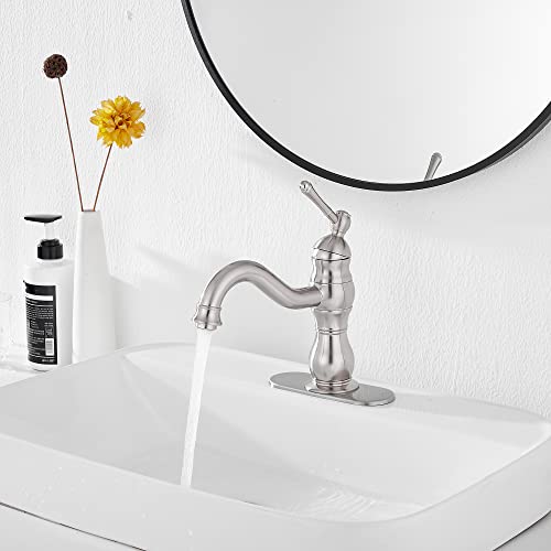 Bathroom Faucet Brushed Nickel GGStudy 360° Swivel Bathroom Vanity Faucet Single Handle One Hole Bathroom Sink Faucet Basin Matching Pop Up Drain with Overflow - color: Brushed Nickel, size: Short
