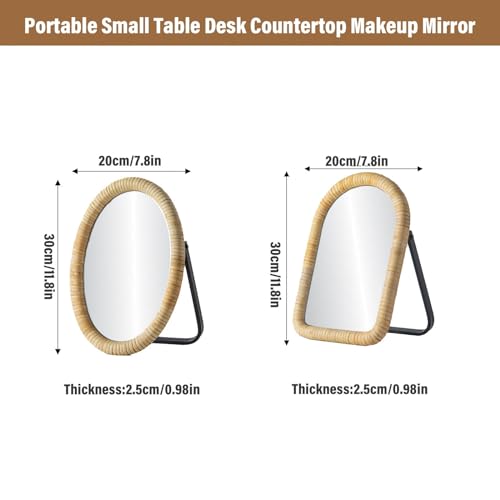 Vanity Table Desk Rattan Mirror 11.8'' x 7.8'',Boho Oval Makeup Mirror with Metal Stand,Portable Small Standing Countertop Mirror,Room Decor for Dresser,Tabletop, Bathroom,Bedroom,Living Room,Office