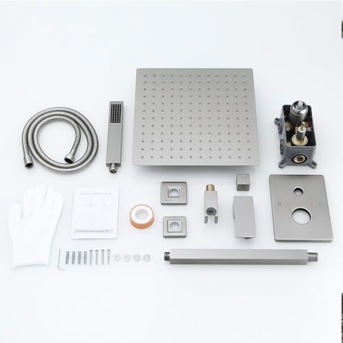 12 Inch Brushed Nickel Ceiling Mount Shower System Bathroom Luxury Rain Mixer Shower Combo Set Ceiling Rainfall Shower Head System Faucet Contain Rough-in Valve and Trim Included - color: Brushed Nickel, size: 12 Inch