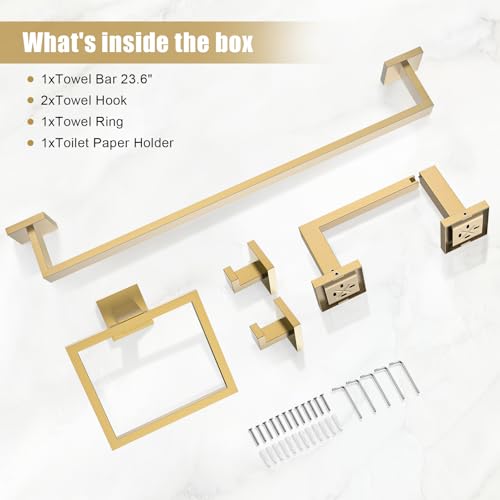 TQKAG Brushed Gold Bathroom Hardware Accessories Set 5 Pieces, Double Post Pivoting Toilet Paper Holder Set Stainless Steel Square Bathroom Towel Bar Holder Set Wall Mounted - color: Brushed Dark Gold, size: 5-Pieces Set