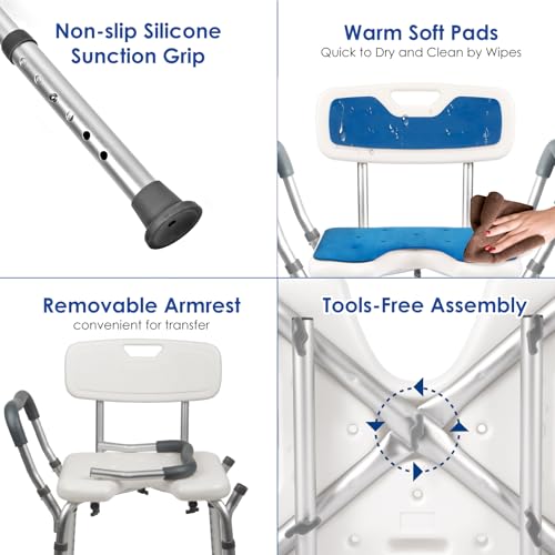 Shower Chair with Arms and Back Heavy Duty 330lbs, Shower Chair for Inside Shower, Shower Seat for Inside Shower Bathroom Chair with Cutout Seat & Cold-Proof Pads, Tools-Free Assembly - color: Blue Pad-large