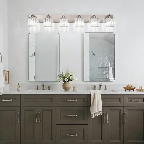 Aipsun Brushed Nickel Bathroom Light Fixtures 6 Light Vanity Lighting Fixture Crystal Modern Bathroom Vanity Light (Exclude Bulb) - color: Brushed Nickel, size: 49 inch