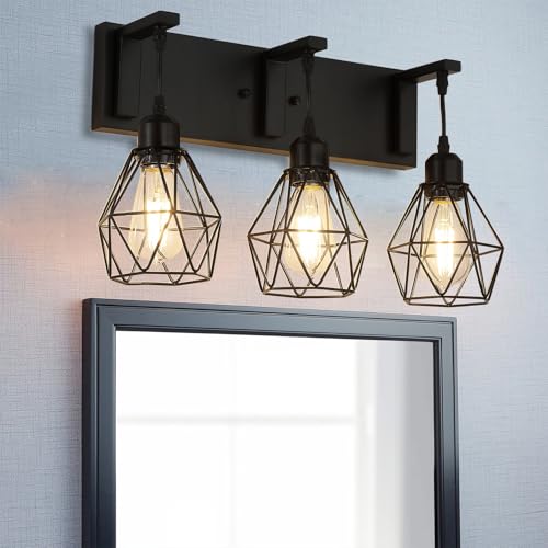 Somniferous Farmhouse Bathroom Light Fixtures, 3 Light Bathroom Vanity Lights Over Mirror, Black Vanity Light with Caged Metal Shade, Rustic Wall Sconce for Bedroom, Living Room, Hallway, E26 Socket - size: 3-Light