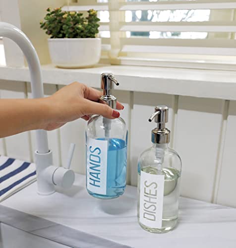 JASAI 2Pack 18OZ Glass Soap Dispenser with Hands & Dishes Printed Label. | Kitchen Soap Dispenser with Rustproof 304 Stainless Steel Pump for Hand Soap & Dish Soap (White) - color: White With White Pump