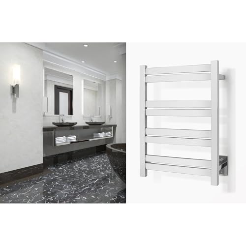 WarmlyYours Maple Heated Towel Rack, 8 Bars, Polished Steel, Hardwired | Wall-mounted electric towel warmer with 8 heated bars and integrated on/off switch, hardwired bathroom heater - color: Polished Stainless Steel (8 Bars)