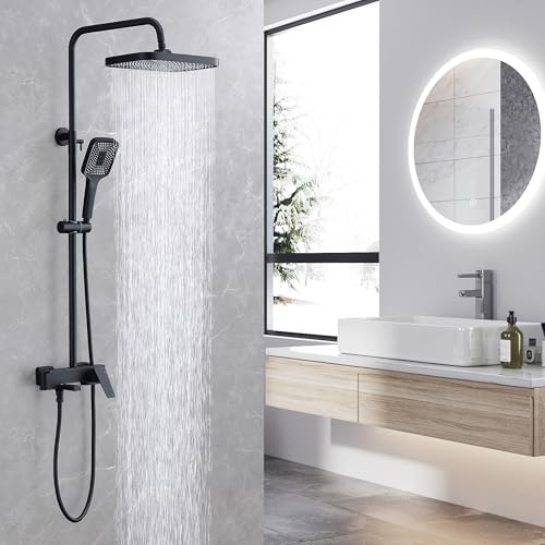 Shower Systems with 12 x8 Inches Rain Shower Head, Matte Black Exposed Pipe Shower System,3 Functions Tub Shower Faucet Sets,Overhead Shower System with Handheld - color: A- Matte Black with Square Shower Head