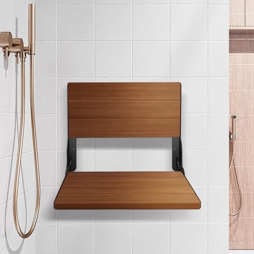 Folding Shower Seat 20'', Large Teak Shower Seat, Folding Shower Bench, Wall Mount Foldable Chair, 500 lbs Capacity, Stainless Steel, Black - color: Black