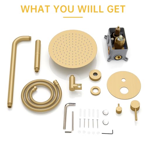 BESy Shower System with 10 Inch Round Rain Shower Head and Handheld Wall Mounted, High Pressure Rainfall Shower Faucet Fixture Combo Set with 2 in 1 Handheld Showerhead for Bathroom, Gold - color: Gold