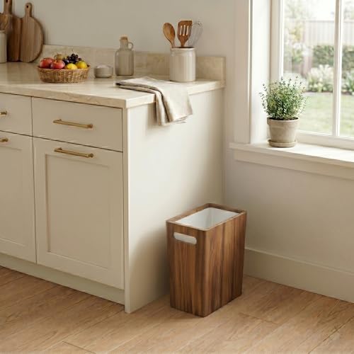 Coeusy 3 Gallon Wooden Trash Can with Liner,Small Solid Wood Bathroom Trash Can,Narrow Garbage Can,Decorative Waste Basket for Bathroom,Bedroom,Office