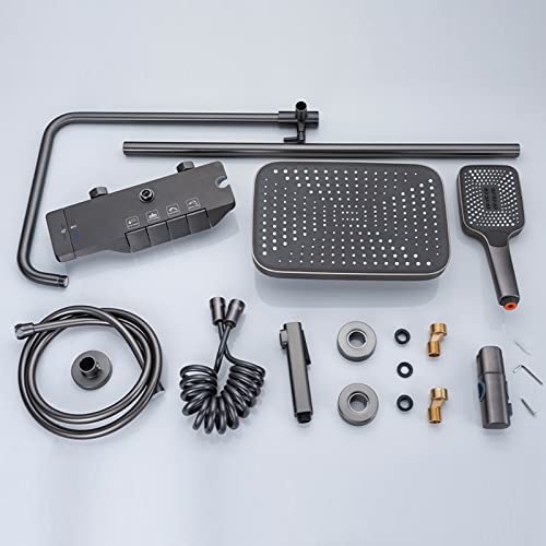 Thermostatic Shower System Exposed Shower Faucet Set Wall-Mounted Bathroom Shower Fixture with Rain Shower Head,3 Mode Handheld Shower,Height Adjustable Shower Rail Set (Black) - color: Black