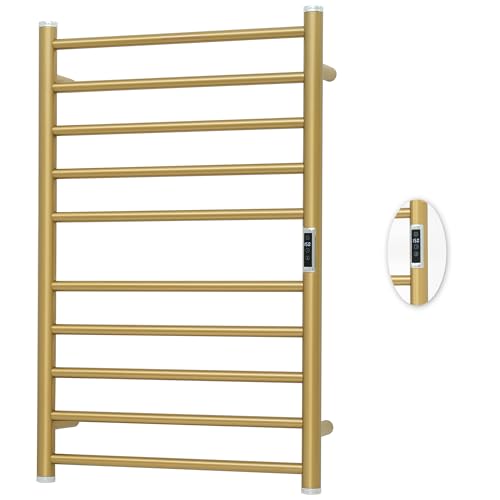 Electric Towel Warmer Rack,Heating Towel Warmer,Timer & Temperature Control,Wall-Mounted Plug-in for Bathroom, Gold,Stainless Steel,10-Bar(31.5x20.08x4.41in) - color: Round-matte Gold With Brushed Top, size: 10 Bars