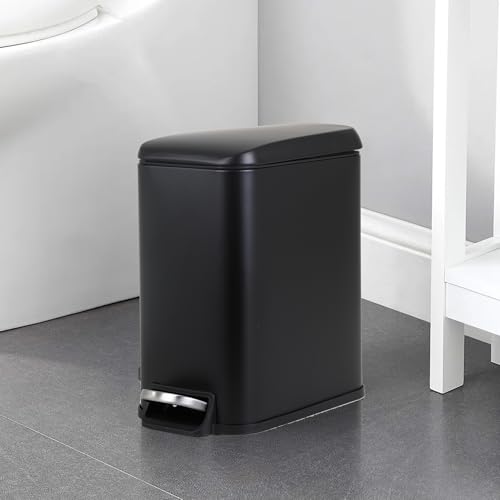 Small Bathroom Trash Can with Lid, 5 Liter/1.3 Gallon Stainless Steel Small Garbage Can with Removable Inner Bucket & Soft-Close Foot Pedal, Slim Trash Can for Bathroom, Bedroom, Office (Black) - color: Black, size: 1 Pack