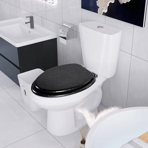 Angol Shiold Glitter Toilet Seat Molded Wood Elongated Toilet Seat with Quietly Close and Quick Release Hinges, Easy to Install also Easy to Clean (Elongated 18.5'', Black) - color: Black, size: Elongated 18.5‘’