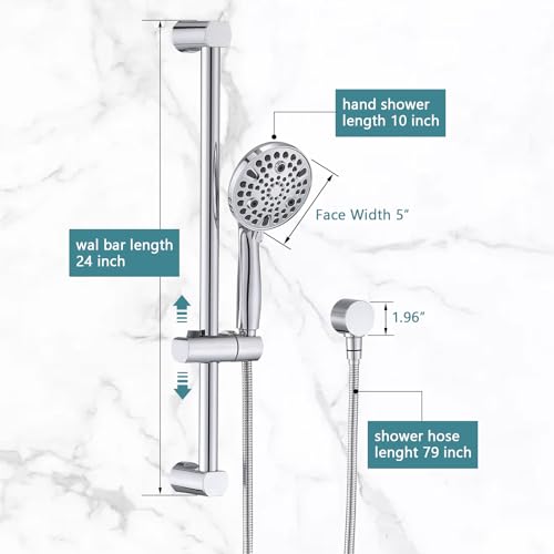 Hand Shower with Slide Bar, High Pressure 10 Setting Handheld Shower Head, Adjustable Height 24" Slide Bar, Wall Supply Elbow and 6.6ft Extra Long Shower Hose - Chrome - color: Chrome
