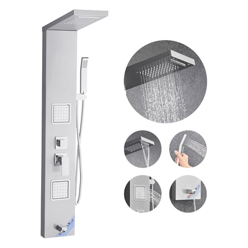 VEVOR Shower Panel Tower System with Rainfall Waterfall Shower Head, 53 in Brushed Stainless Steel Shower Column, 5-Function Faucet, Wall-Mount Rain Massage System with 2 Body Jet, Handheld, Tub Spout