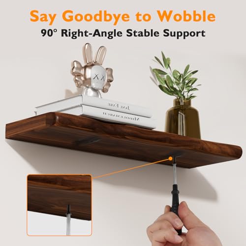 Solid Wood Live Edge Floating Shelves Set of 2 – 24" Rustic Wall Shelf with Hidden Bracket System, Wall Mounted Shelves for Bathroom, Kitchen, Living Room, Bedroom (Walnut) - color: Walnut, size: 24inch