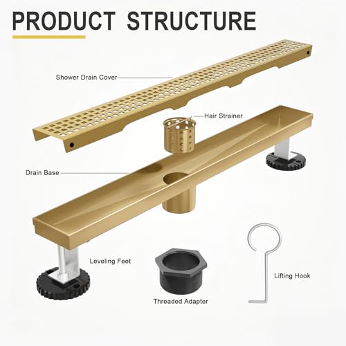 Linear Shower Drain - 12 Inch Brushed Gold, with Grate Removable | AISI 304 Stainless Steel Shower Drain with Adjustable Feet, Hair Catcher, Rectangle Shower Floor Drain Fits Bathroom, Balcony - color: Brushed Gold, size: 12 Inch