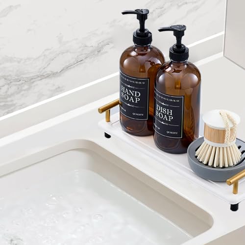 Soap Dispenser Set – 16oz Refillable Amber Glass Bottles with Brush Holder, Dish Scrub, Diatomite Tray, 12 Waterproof Labels – Brown Non-Slip Base for Home Upgrade, Rustic Farmhouse Style (Set of 6)