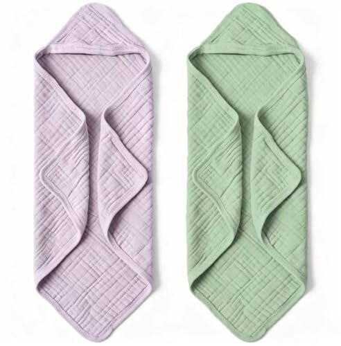 Muslin Hooded Baby Bath Towels - 2 Pack 100% Cotton Towel for Babies, Infants, Toddlers - 32x32Inch - Highly Absorbent and Newborn Essential (Purple Green) - color: Purple Green