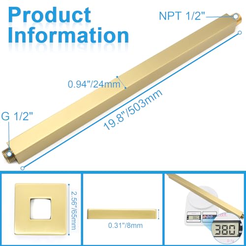 Ceiling Mount Shower Arm with Flange 20 Inches Square Straight Extender Extension Pipe Replacement, Long Shower Arm For Fixed Rain Shower Head or High Ceiling, Brushed Gold - color: Brushed Gold, style: 20inch