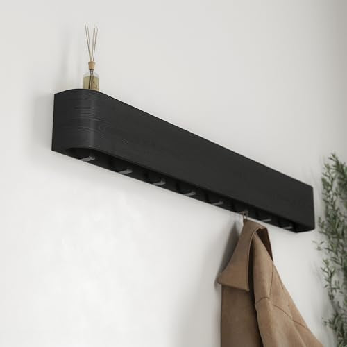 Kazai. Wall-Mounted Coat Rack 'Toke' - Modern Design Coat Rack with Hidden Wall Hooks - Solid Wood Veneer Panel Coat Hanger - Oak, Black - color: Oak, Black, size: 8 Hooks