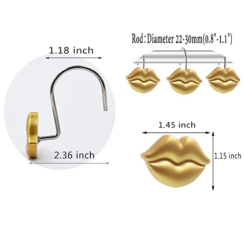 Gold Shower Curtain Hooks Rings, Gold Lips, Set of 12 | Rustproof Metal Shower Rings for Bathroom Shower Hooks for Shower Curtain