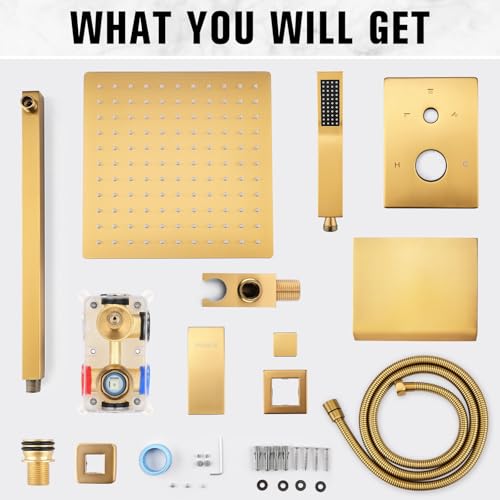 12 Inch Rainfall Shower System with Tub Spout Wall Mounted Complete Combo with Solid Brass Pressure Balancing Valve, High Pressure Shower Head, Handle Set & Installation Accessories - color: Brushed Gold