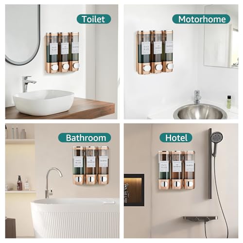 Wall Mounted Shower Soap Dispenser 3 Chamber,No Drill Shower Dispenser | Shampoo and Conditioner Dispenser for Bathroom Hotel Large Capacity, Gold - color: 3gold