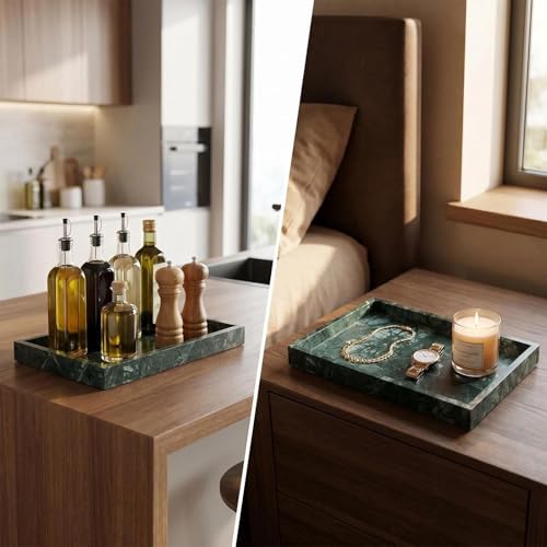 Natural Marble Tray Heavyweight Stone Vanity Tray for Bathroom Countertop, Coffee Table & Dresser - Handcrafted Rectangular Organizer (Green X, 12" x 8" x 1.2") - color: Green X