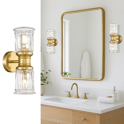 Gold Wall Sconces, HWH Single Wall Vanity Light Fixture for Bathroom Living Room Bedroom, Bathroom Wall Sconces with Bell-Shaped Clear Glass, Gold Finish, 5HZG106B-2W BG - color: Brushed Gold, size: 2-Light