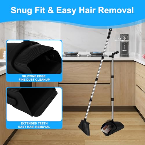 Broom and Dustpan Combo Set, 51" Long Handle with Squeegee | Black Complete Cleaning Kit, Floor Squeegee for Wet & Dry Messes, Built-in Comb Dustpan for Home & Pet Areas - color: Black