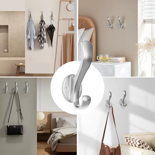 Coat Hooks Heavy Duty - Easy to Install Metal Towel Hooks Fashionable Wall Hooks for Hanging Hat, Towel, Key, Robe, Scarf, Bag, Cap (6 PCS Silver) - color: argent