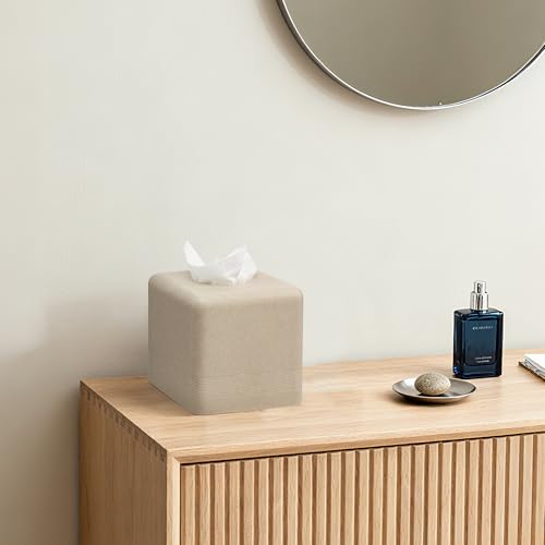 Resin Tissue Box Cover, Modern Square Holder, Beige | Resin tissue box cover with modern square design and silicone feet for bathroom vanity, office desk, and living room - color: Beige