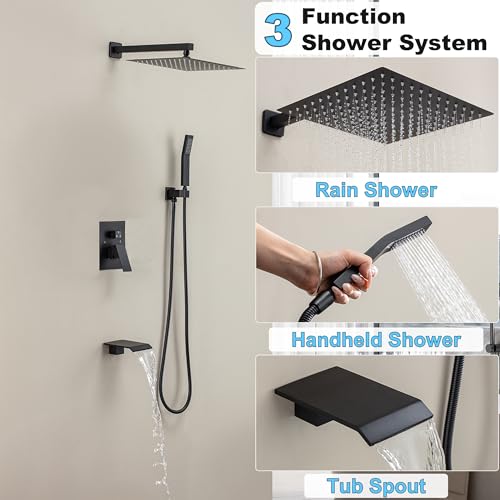 Shower System with 12-Inch Rain Head and Tub Spout | All-Metal Tub Shower Faucet Set, Wall Mounted Rain Showerhead, Handheld Spray, Includes Valve and Trim Kit, Matte Black - color: Matte Black, style: 12"-With Tub Spout