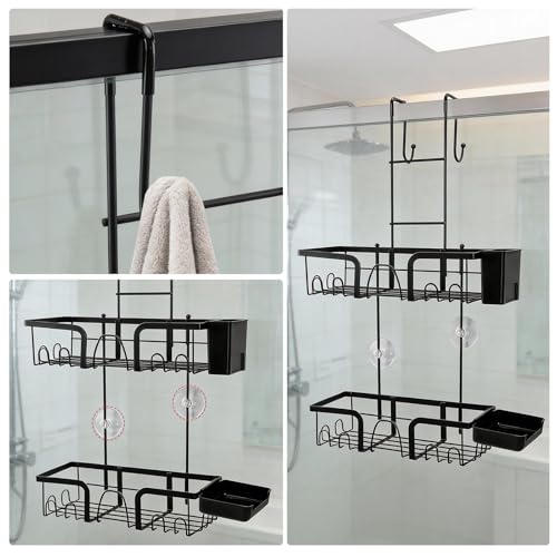 Widousy Over The Door Shower Caddy, No Drilling Shower Shelves Over Door with Soap Holders, Black Rustproof Shower Organizer over the Door, 10 Hooks, Bathroom Rack and Storage
