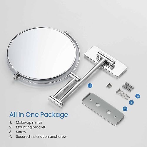 Circular Wall Mount Makeup Mirror, Dual-Sided 1x/5x Magnifying Mirror with Extendable Arm, 360° Swivel, Solid Brass Construction for Durability and Style (Chrome, KMM100) - color: Chrome