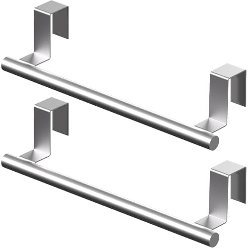 Over Cabinet Towel Bar, Cabinet Door Towel Holder, Over The Door Towel Rack, Kitchen Over Door Towel Holder, Stainless Steel Dish Towel Holder for Cabinet Door, Brushed, 2 Pack | Extended Anti-Slip Arm, EVA Scratch Guard Pads, No-Drill Install, Stainless