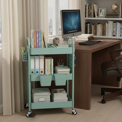 Rolling Cart, Movable Utility Organizer with Retractable Dividers & Pegboards for Kitchen, Bathroom, Office - color: Green