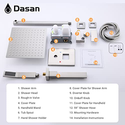 DASAN Tub Shower Faucets Sets Complete Brushed Nickel Bathtub Shower System with Tub Spout, Bathtub Faucet Set Tub and Shower Faucet Combo Trim Kit with Rough-in Valve, DA-SS03BN-S10W - color: Brushed Nickel