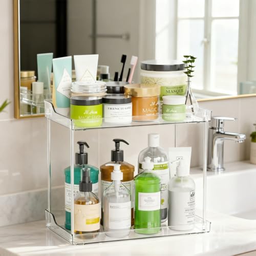 2 Tier Acrylic Bathroom Organizer Countertop Vanity Tray | Clear Corner Makeup Storage Counter, Perfume Holder, Bedroom Kitchen Living Room Space Saving Storage Solution