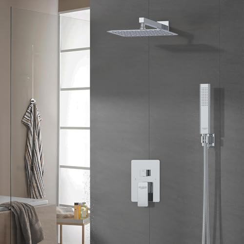 Iriber 12 Inch Bathroom Shower System Polish Chrome Wall Mounted Square Mixer Shower Faucet Combo Set with Hand Held Rough-in Valve Rainfall Shower and Trim - color: Chrome 05