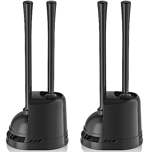 LOVLOY Toilet Plunger and Brush,2 Pack Bowl Brush and Heavy Duty Toilet Plunger Set with Ventilated Holder, 2-in-1 Toilet Brush and Plunger Combo for 5.3-inch Toilet Drain Bathroom Cleaning - color: Black