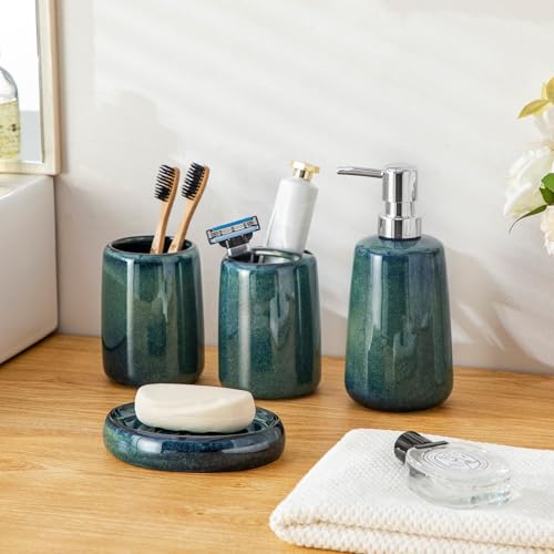 vancasso Green Bathroom Accessories Set, Ceramic Soap Dispenser and Toothbrush Holder Sets, Stoneware 4 Pcs Bathroom Sink Set for Modern Home Decor, Series Starry - style: Green