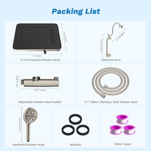 Hibbent cUPC Certified High Pressue 13'' Rainfall Shower Head with 5-Spray | Shower Heads with Handheld 10-Spray Combo, All Metal Easy Reach 4-way Diverter Arm, 71'' Hose & Holder, Brushed Nickel - color: Brushed Nickel, style: Square 13"